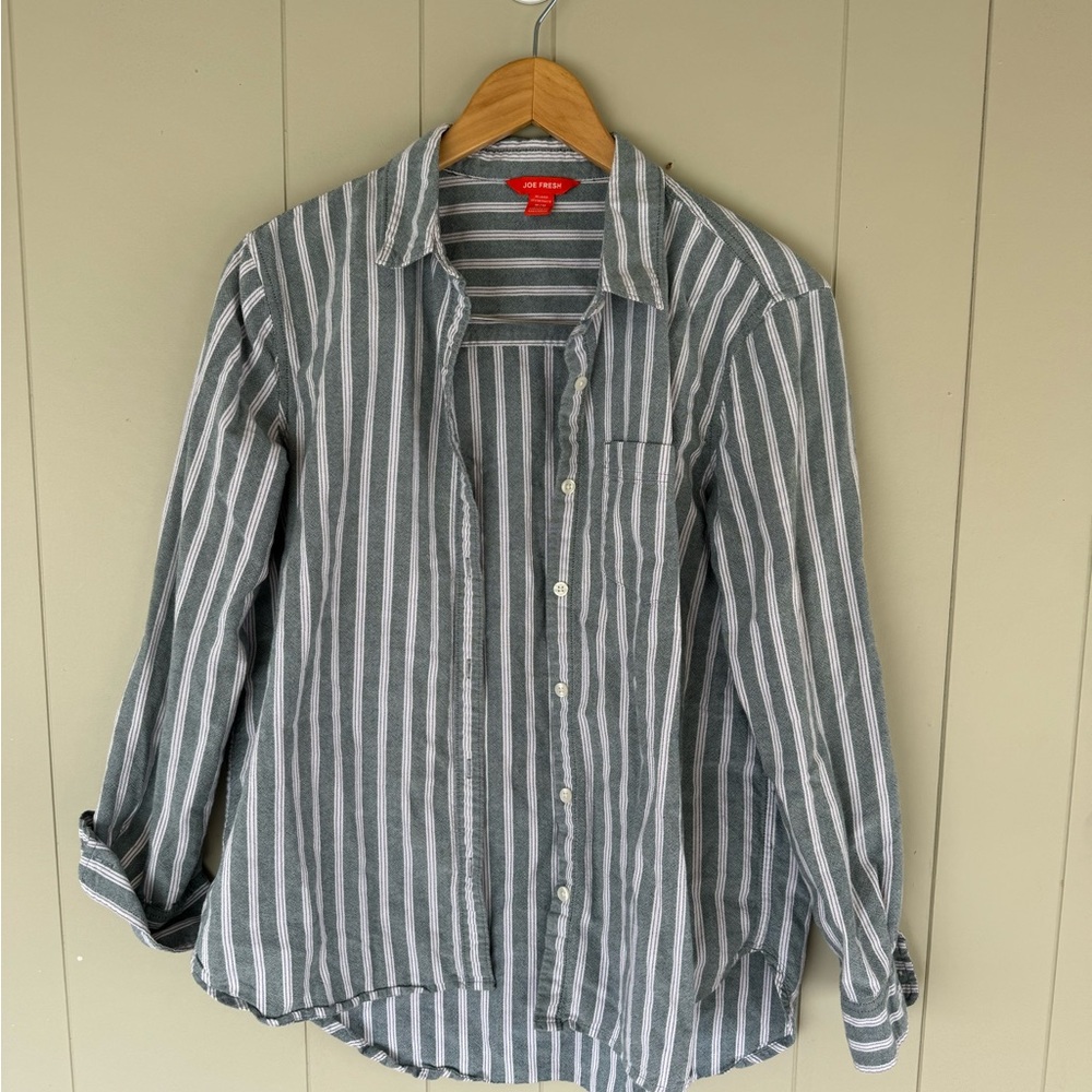 Joe Fresh Green and White Striped Button-Up Shirt
